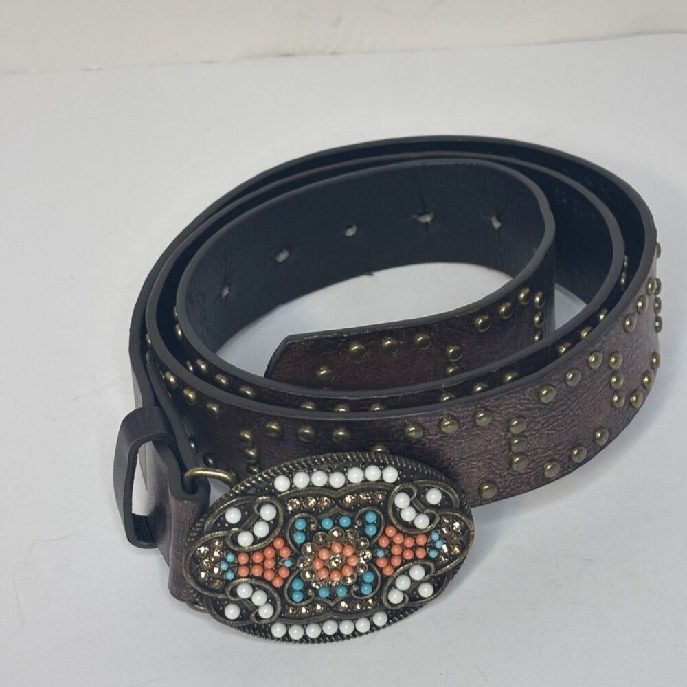 Brown Leather Western Style Belt Turquoise White Beaded Buckle Womens